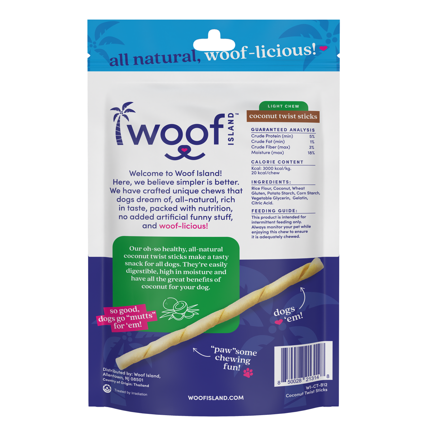 Woof Island Coconut Twist Stick Dog Chew, Rawhide-Free & Highly Digestible Dental Treat for Dogs