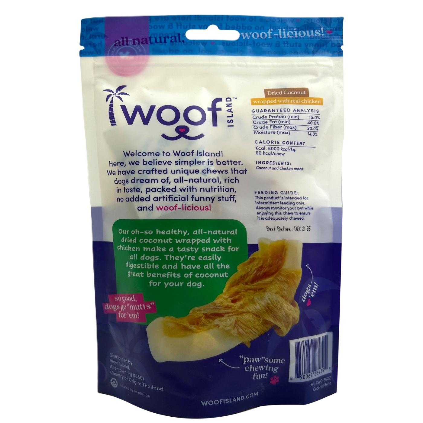 Woof Island Dried Coconut Wrapped with Real Chicken Dog Treats, 100% Natural, Rawhide-Free Tropical Treats for Dogs