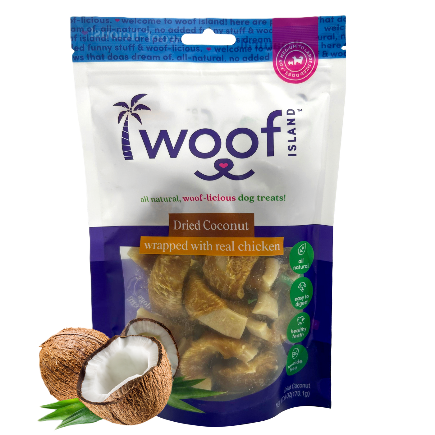 Woof Island Dried Coconut Wrapped with Real Chicken Dog Treats, 100% Natural, Rawhide-Free Tropical Treats for Dogs