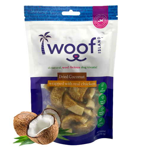 Woof Island Dried Coconut Wrapped with Real Chicken Dog Treats, 100% Natural, Rawhide-Free Tropical Treats for Dogs