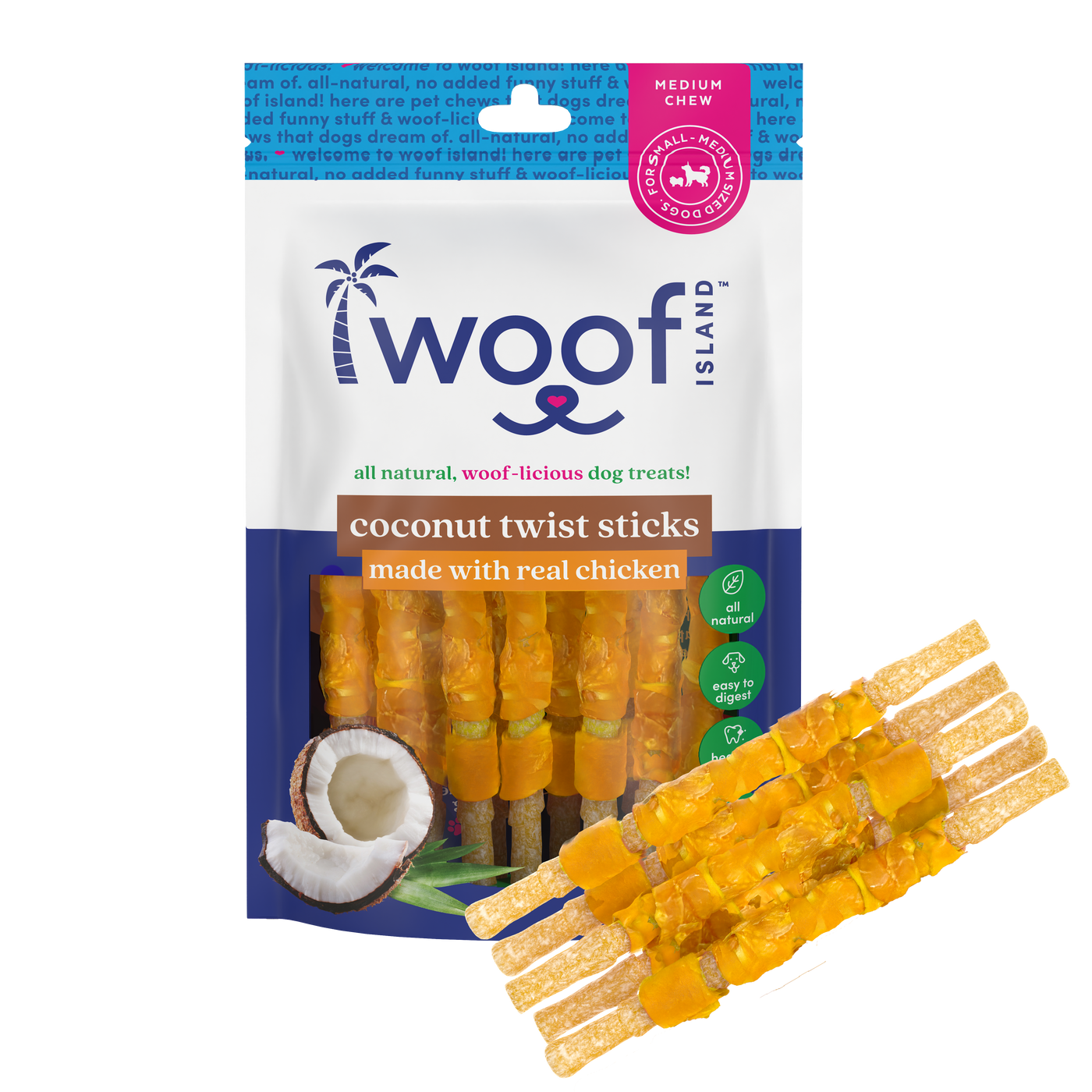 Woof Island Coconut Twist Stick with Chicken Dog Chew, Rawhide-Free & Highly Digestible Dental Treat for Dogs