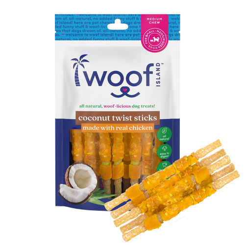 Woof Island Coconut Twist Stick with Chicken Dog Chew, Rawhide-Free & Highly Digestible Dental Treat for Dogs