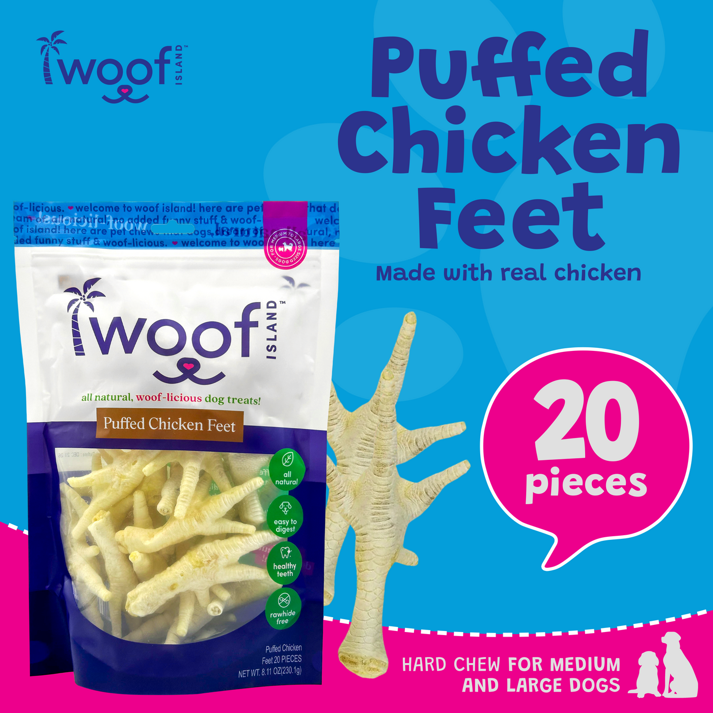 Woof Island Puffed Chicken Feet Dog Treats, 100% Natural, Rawhide-Free & High-Protein Chews for Dogs