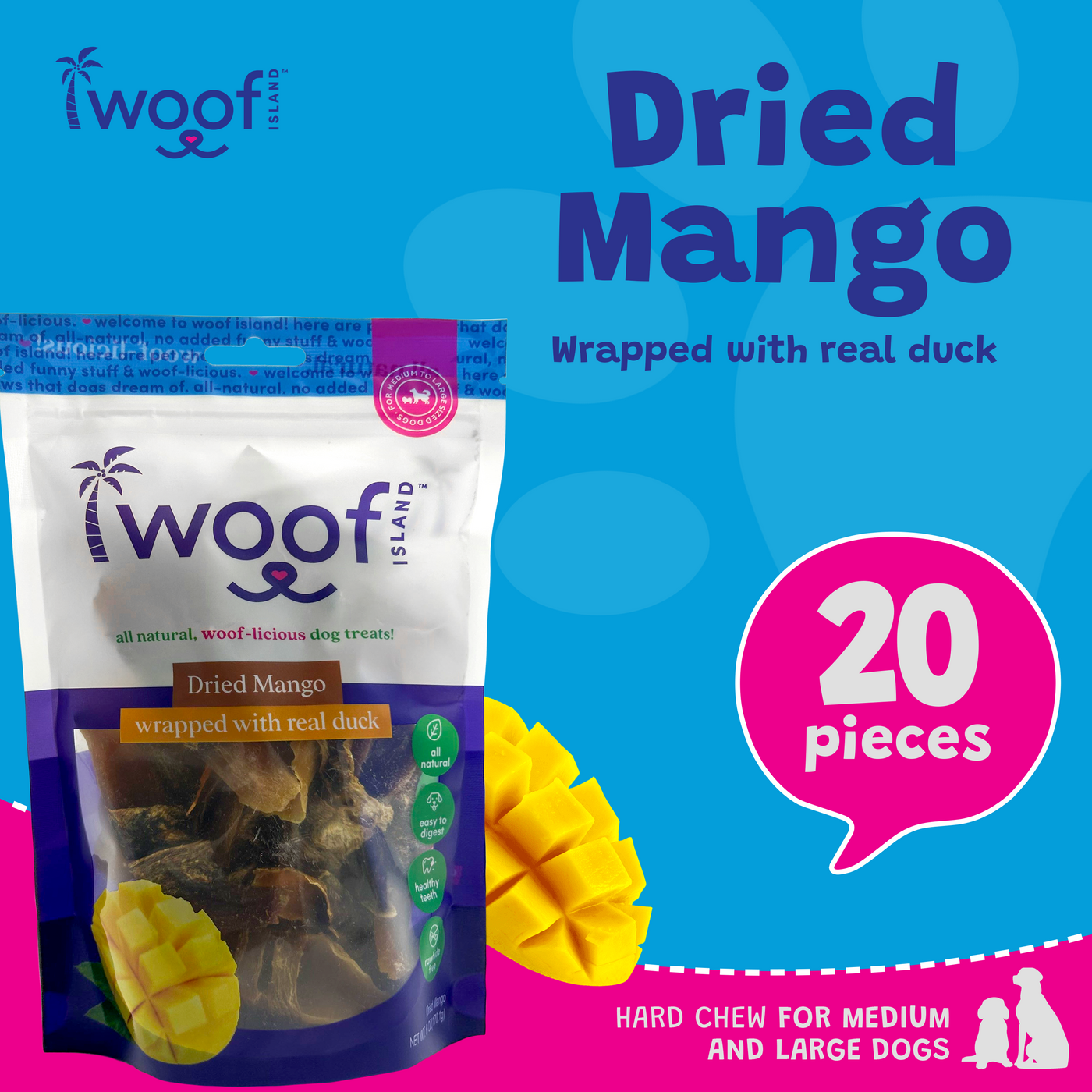 Woof Island Dried Mango Wrapped with Real Duck Dog Treats, 100% Natural, Rawhide-Free Tropical Treats for Dogs