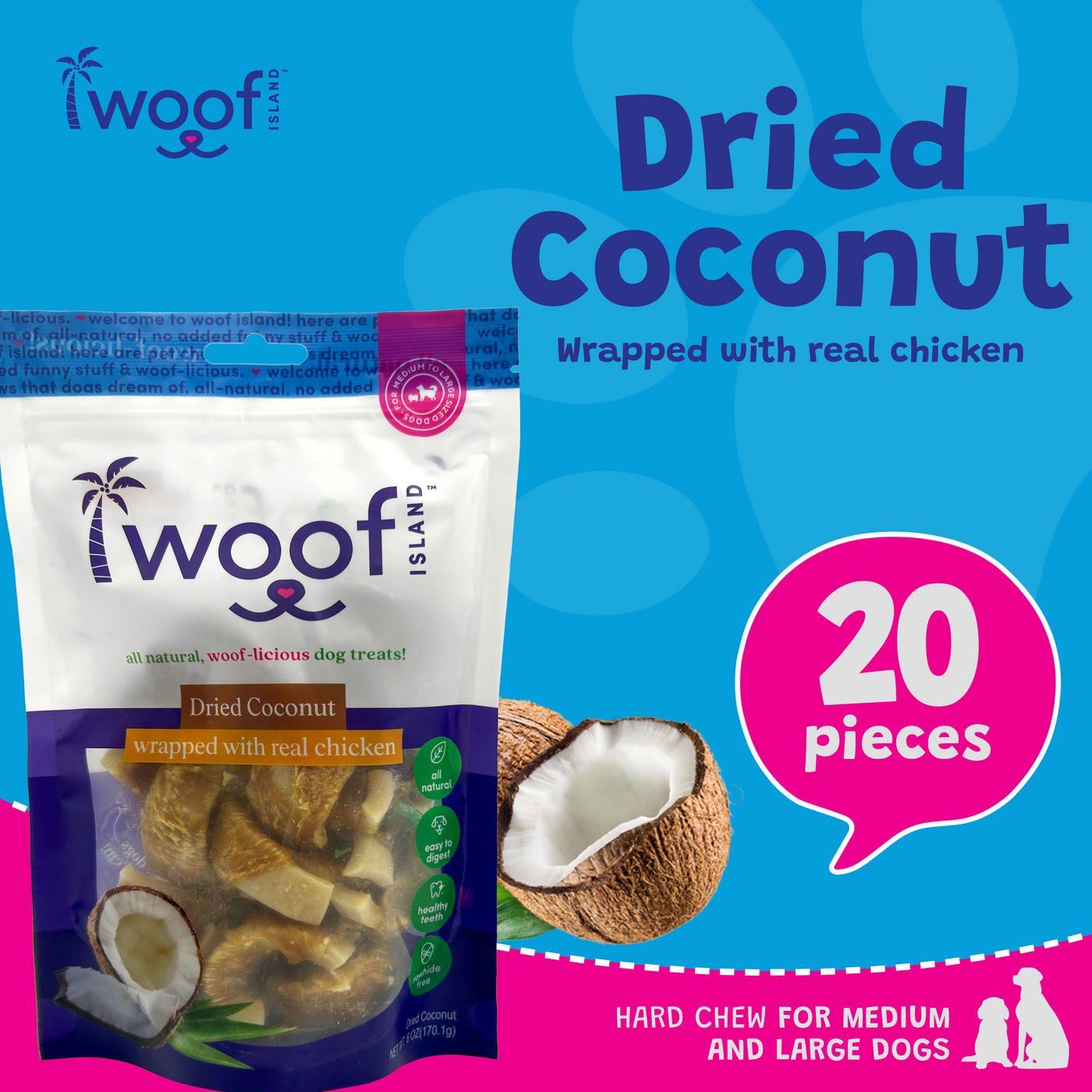 Woof Island Dried Coconut Wrapped with Real Chicken Dog Treats, 100% Natural, Rawhide-Free Tropical Treats for Dogs