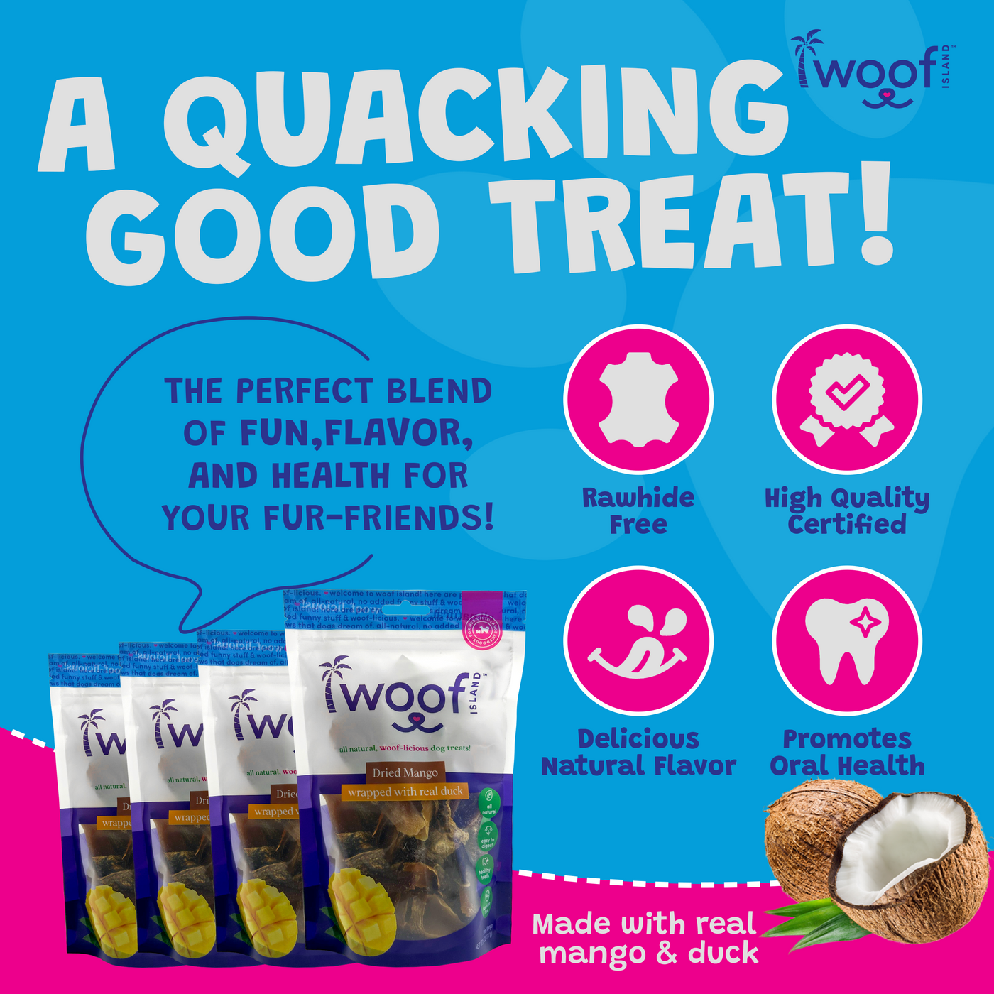 Woof Island Dried Mango Wrapped with Real Duck Dog Treats, 100% Natural, Rawhide-Free Tropical Treats for Dogs