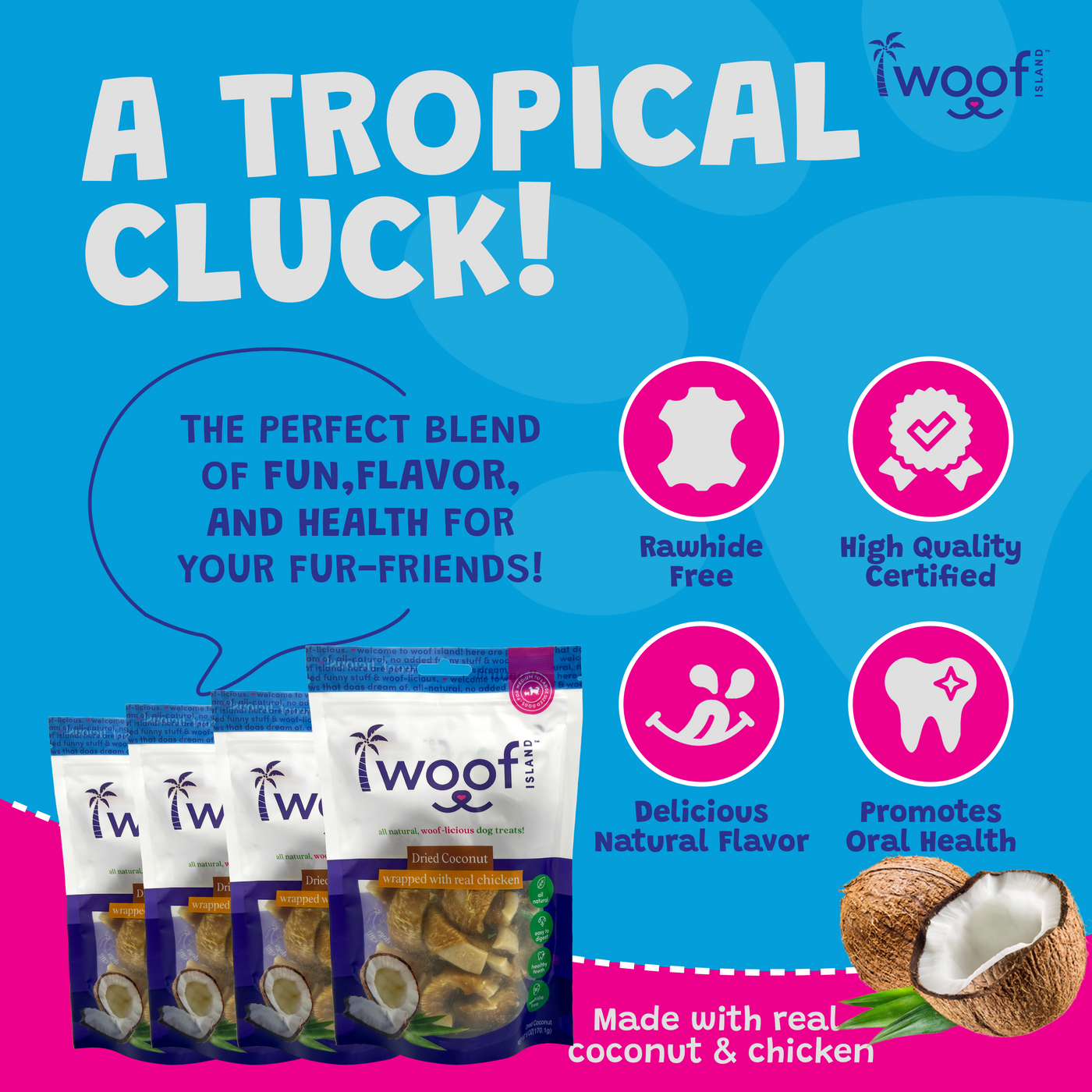 Woof Island Dried Coconut Wrapped with Real Chicken Dog Treats, 100% Natural, Rawhide-Free Tropical Treats for Dogs