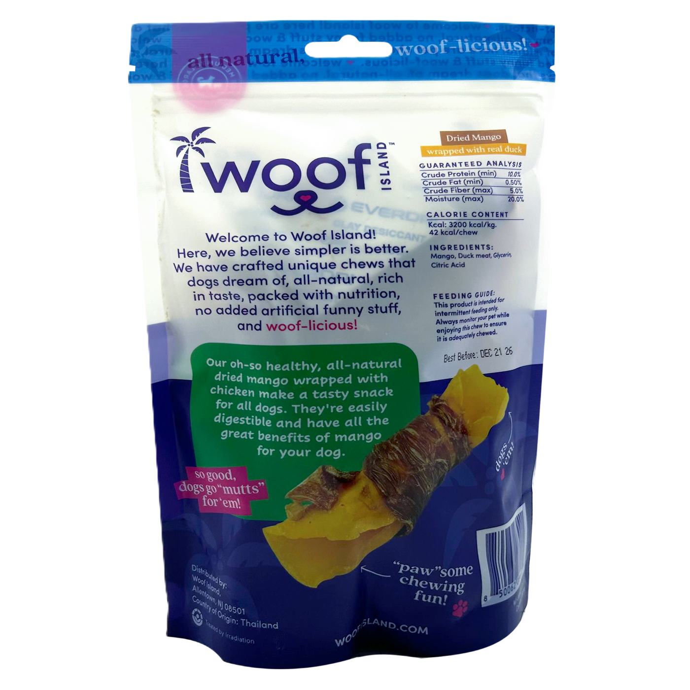 Woof Island Dried Mango Wrapped with Real Duck Dog Treats, 100% Natural, Rawhide-Free Tropical Treats for Dogs