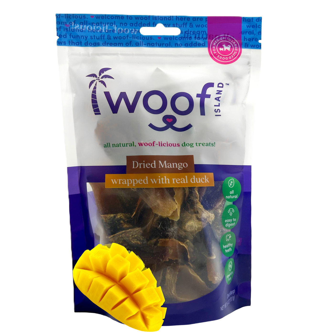Woof Island Dried Mango Wrapped with Real Duck Dog Treats, 100% Natural, Rawhide-Free Tropical Treats for Dogs