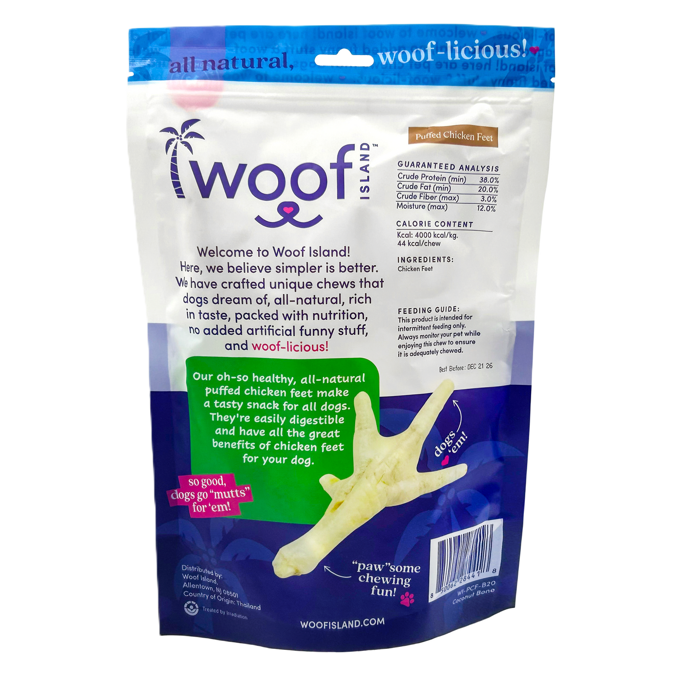 Woof Island Puffed Chicken Feet Dog Treats, 100% Natural, Rawhide-Free & High-Protein Chews for Dogs