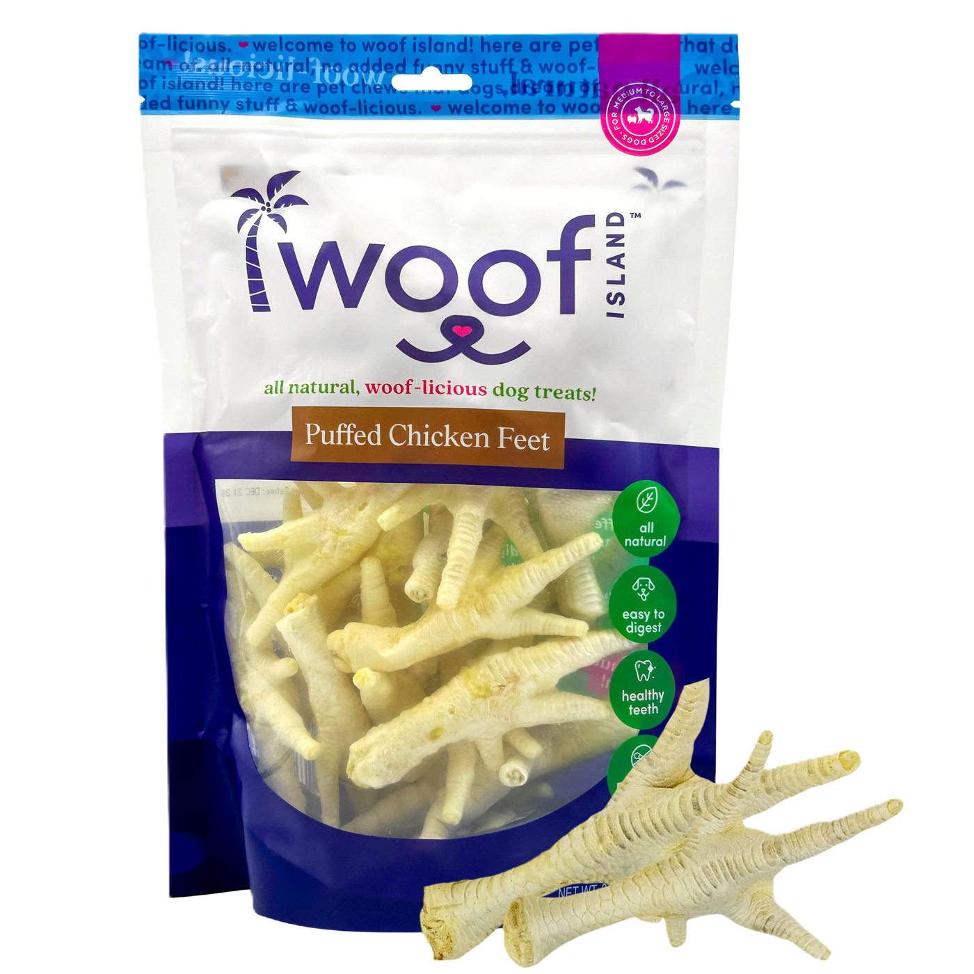Woof Island Puffed Chicken Feet Dog Treats, 100% Natural, Rawhide-Free & High-Protein Chews for Dogs