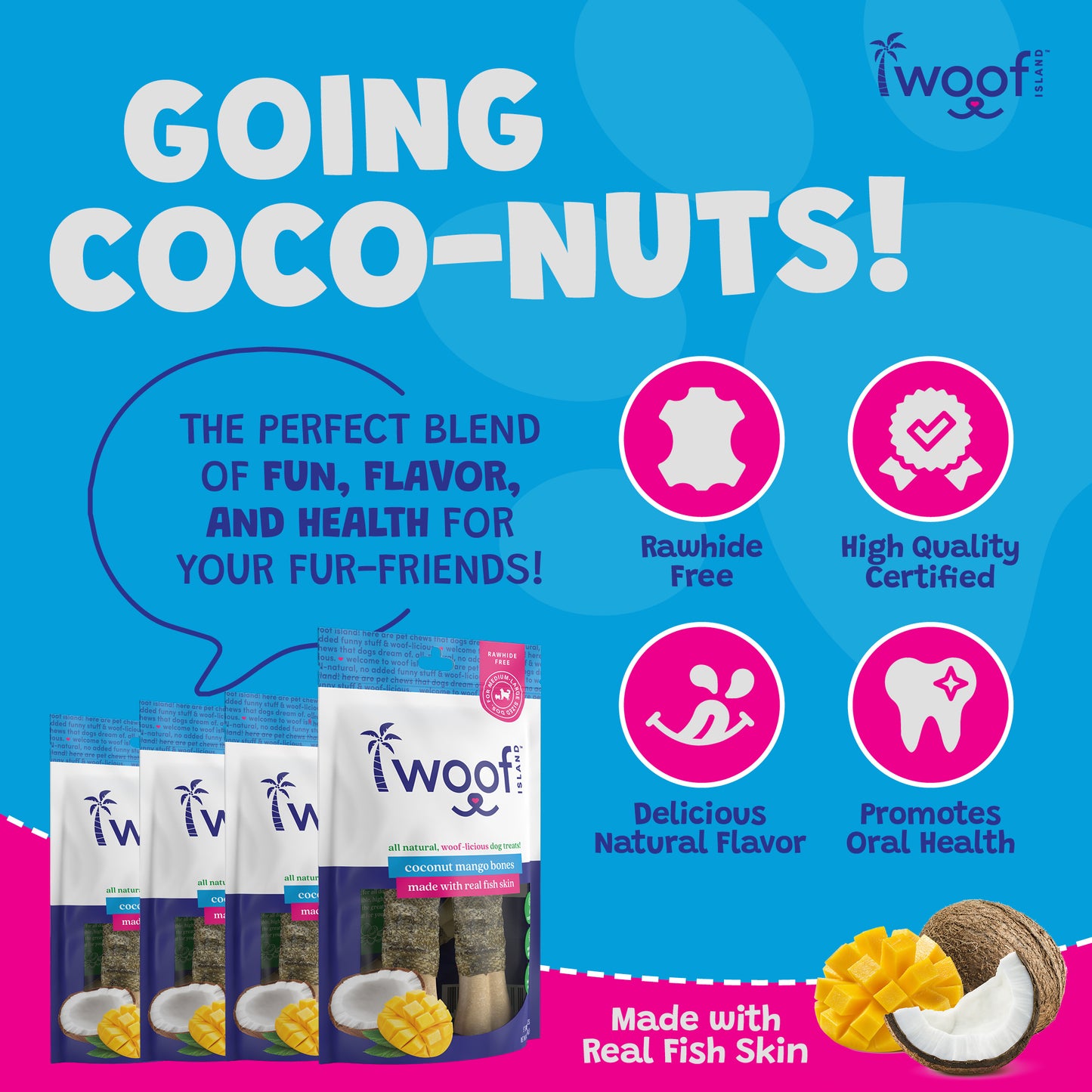 Woof Island Coconut Mango Bones with Real Fish Skin Dog Chew, Rawhide-Free & Highly Digestible Dental Treat for Dogs