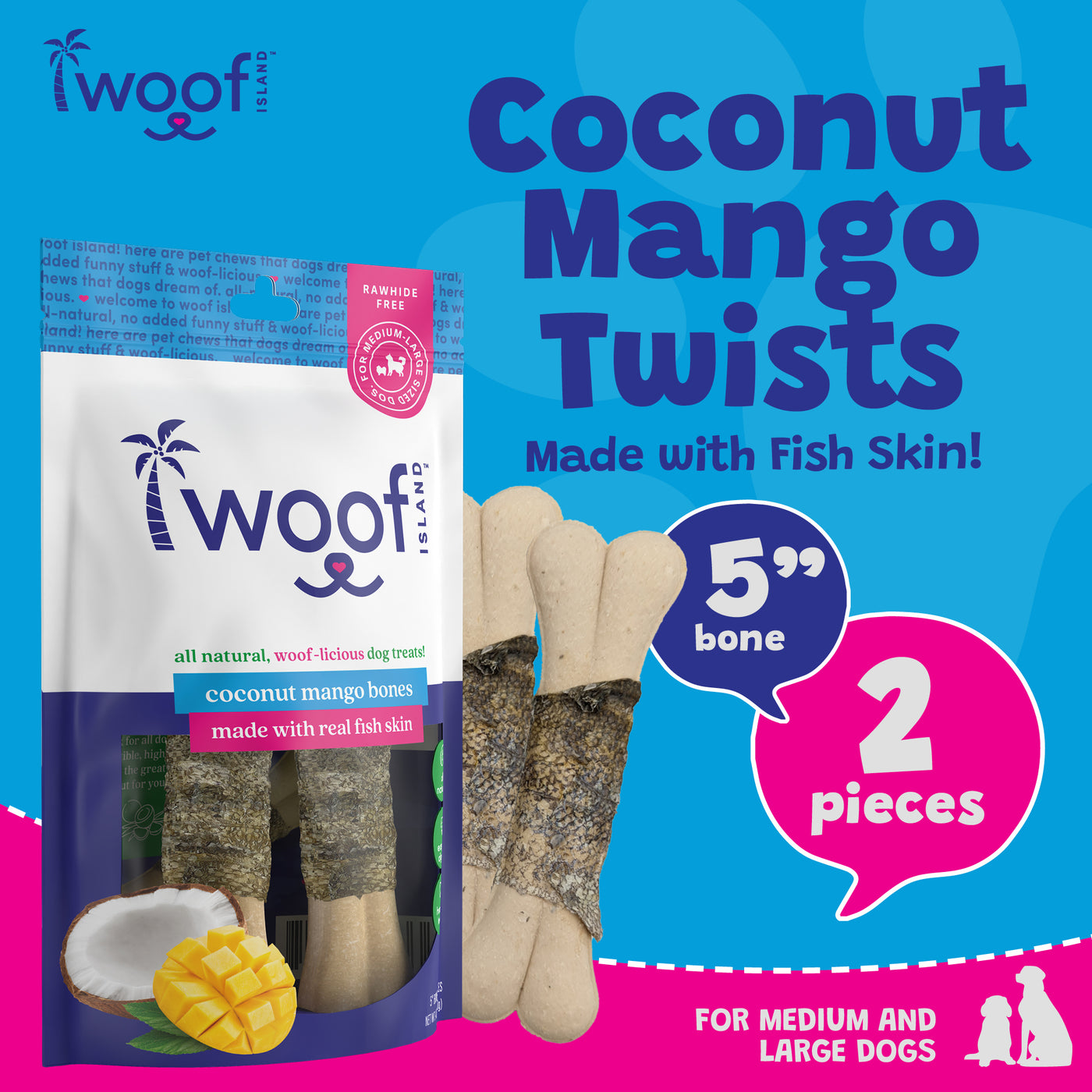 Woof Island Coconut Mango Bones with Real Fish Skin Dog Chew, Rawhide-Free & Highly Digestible Dental Treat for Dogs