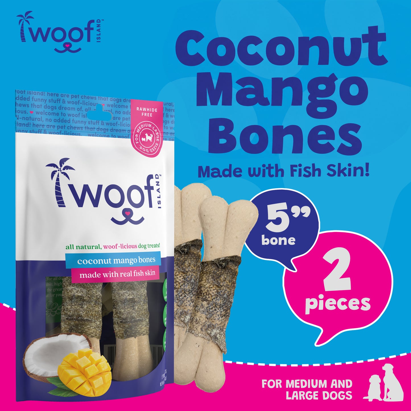 Natural Coconut & Mango Bones with Real Fish Skin for Dog Chew – Grain-Free