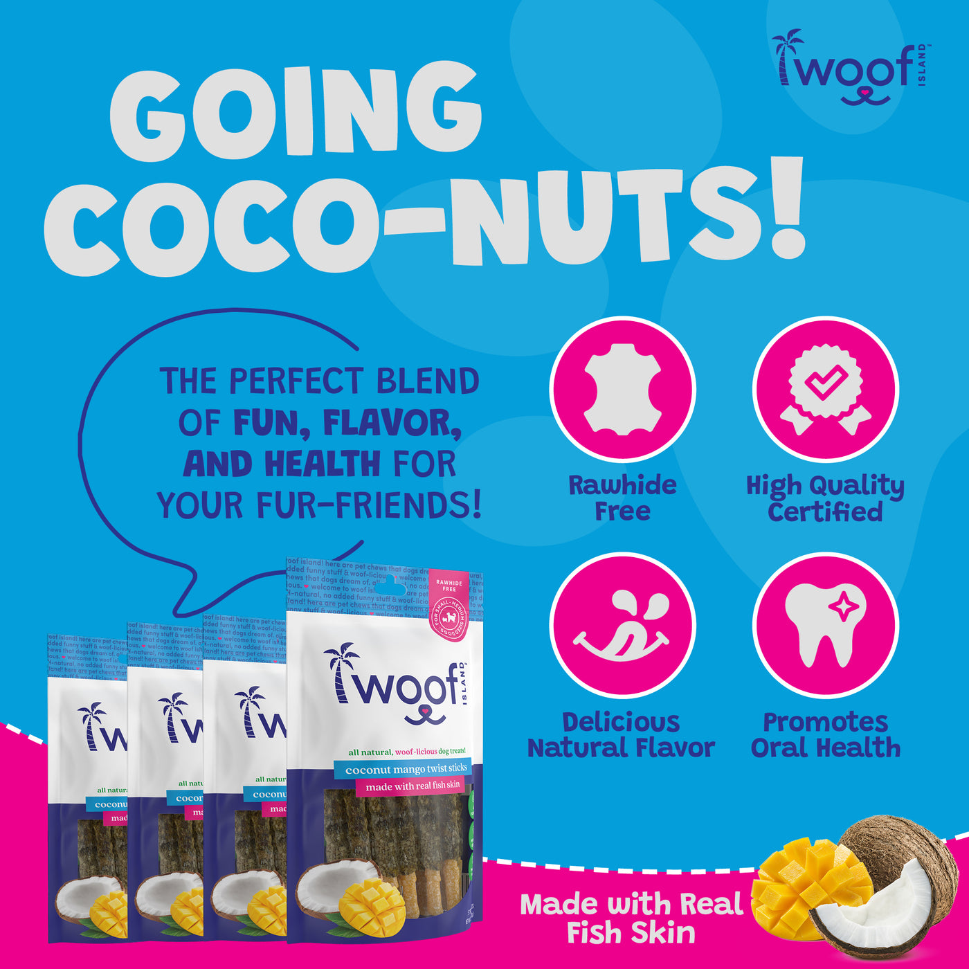Woof Island Coconut Mango Twist Sticks with Real Fish Skin Dog Chew, Rawhide-Free & Highly Digestible Dental Treat for Dogs