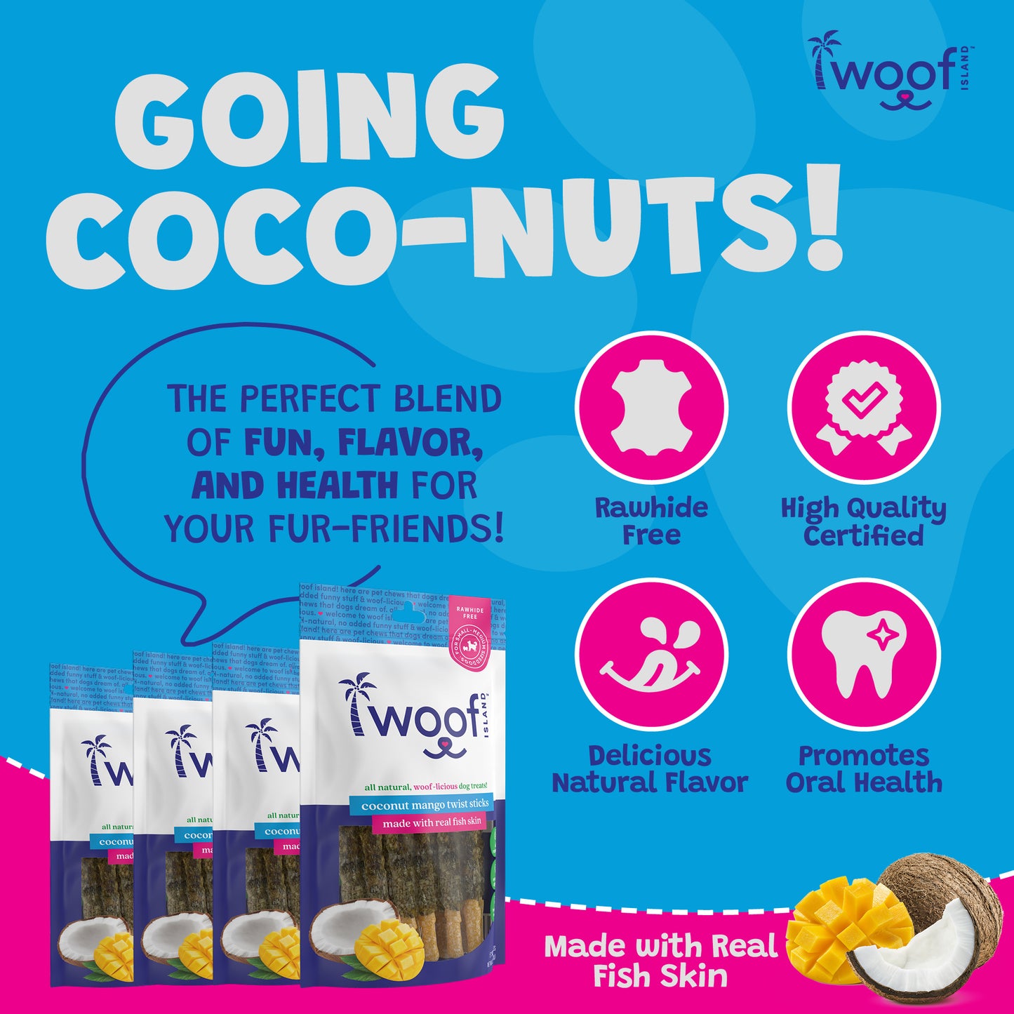 Woof Island Coconut Mango Bones with Real Fish Skin Dog Chew, Rawhide-Free & Highly Digestible Dental Treat for Dogs