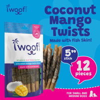 Woof Island Coconut Mango Twist Sticks with Real Fish Skin Dog Chew, Rawhide-Free & Highly Digestible Dental Treat for Dogs