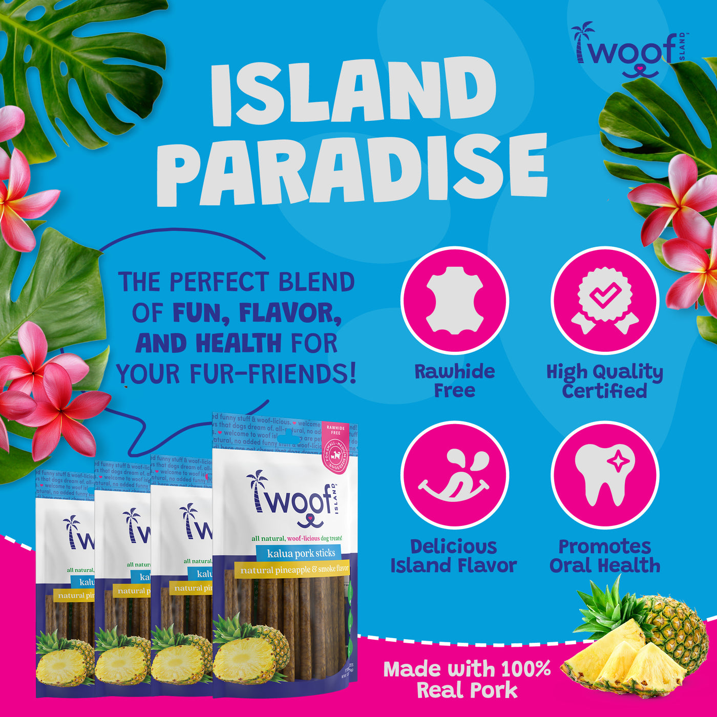 Woof Island Smoked Kalua Pork & Pineapple Dog Sticks, High-Value Training Treats for Dogs