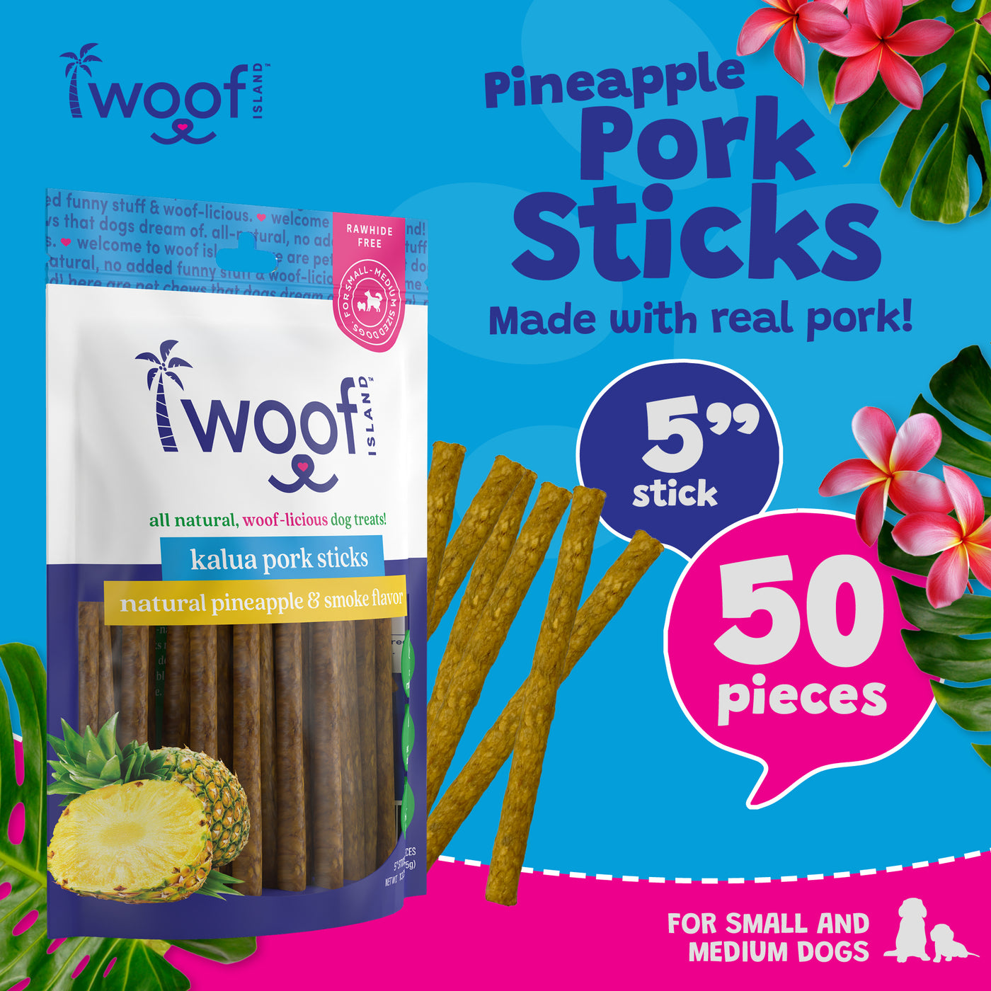 Woof Island Smoked Kalua Pork & Pineapple Dog Sticks, High-Value Training Treats for Dogs