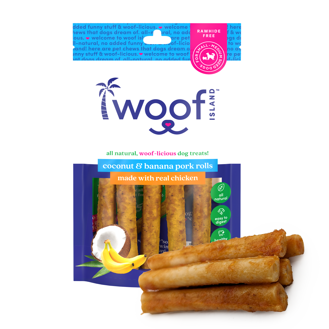 Woof Island Coconut & Banana Pork Rolls with Real Chicken Dog Chew, Rawhide-Free & Highly Digestible Dental Treat for Dogs