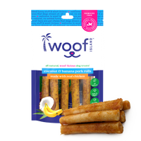 Woof Island Coconut & Banana Pork Rolls with Real Chicken Dog Chew, Rawhide-Free & Highly Digestible Dental Treat for Dogs