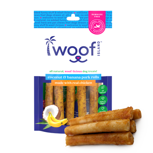 Woof Island Coconut & Banana Pork Rolls with Real Chicken Dog Chew, Rawhide-Free & Highly Digestible Dental Treat for Dogs