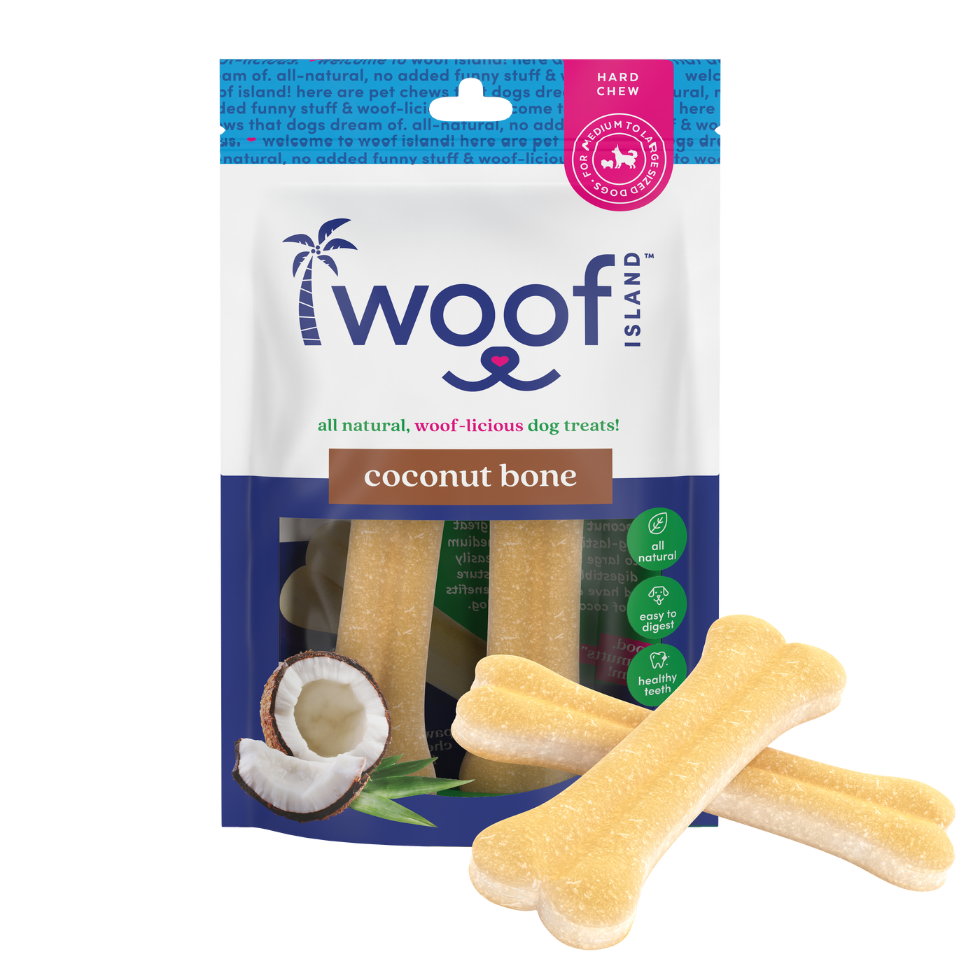 Woof Island Coconut Bone Dog Chew, Rawhide-Free & Highly Digestible Dental Treat for Dogs