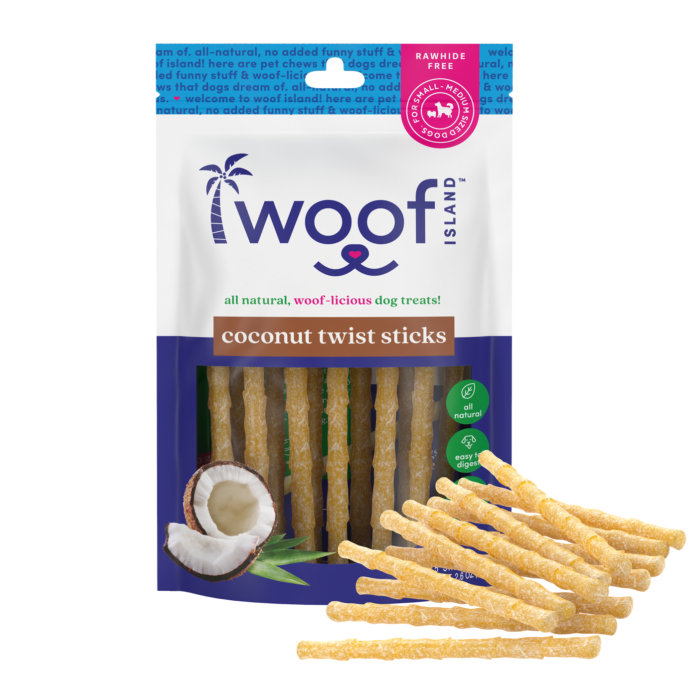 Woof Island Coconut Twist Stick Dog Chew, Rawhide-Free & Highly Digestible Dental Treat for Dogs
