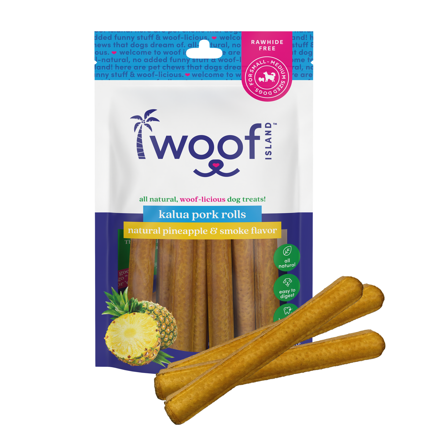 Woof Island Smoked Kalua Pork Rolls with Pineapple, High-Protein Dog Chews
