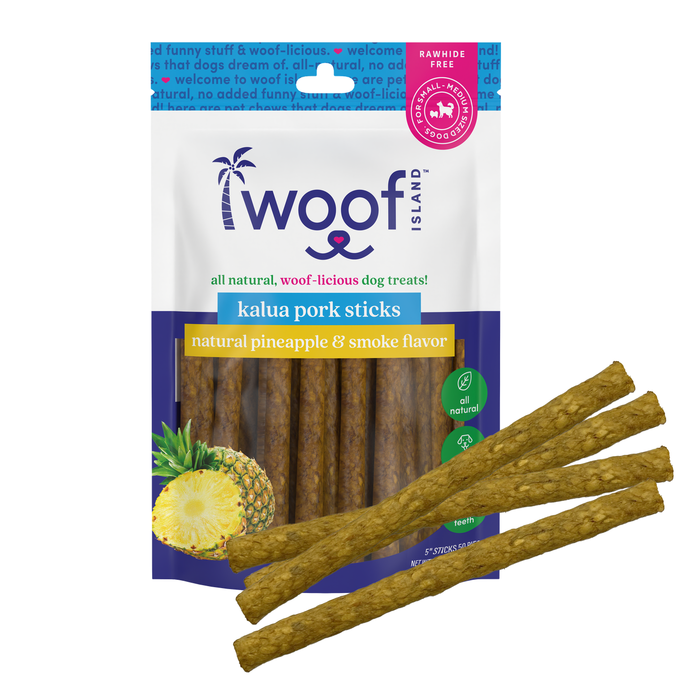 Woof Island Smoked Kalua Pork & Pineapple Dog Sticks, High-Value Training Treats for Dogs