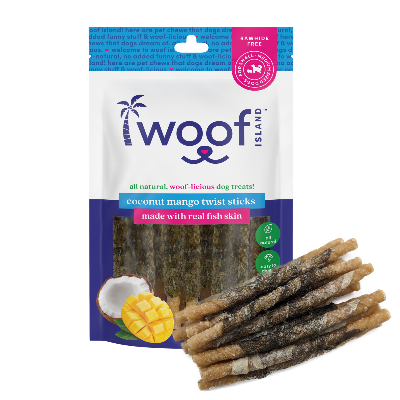 Woof Island Coconut Mango Twist Sticks with Real Fish Skin Dog Chew, Rawhide-Free & Highly Digestible Dental Treat for Dogs
