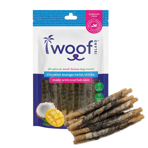 Woof Island Coconut Mango Twist Sticks with Real Fish Skin Dog Chew, Rawhide-Free & Highly Digestible Dental Treat for Dogs
