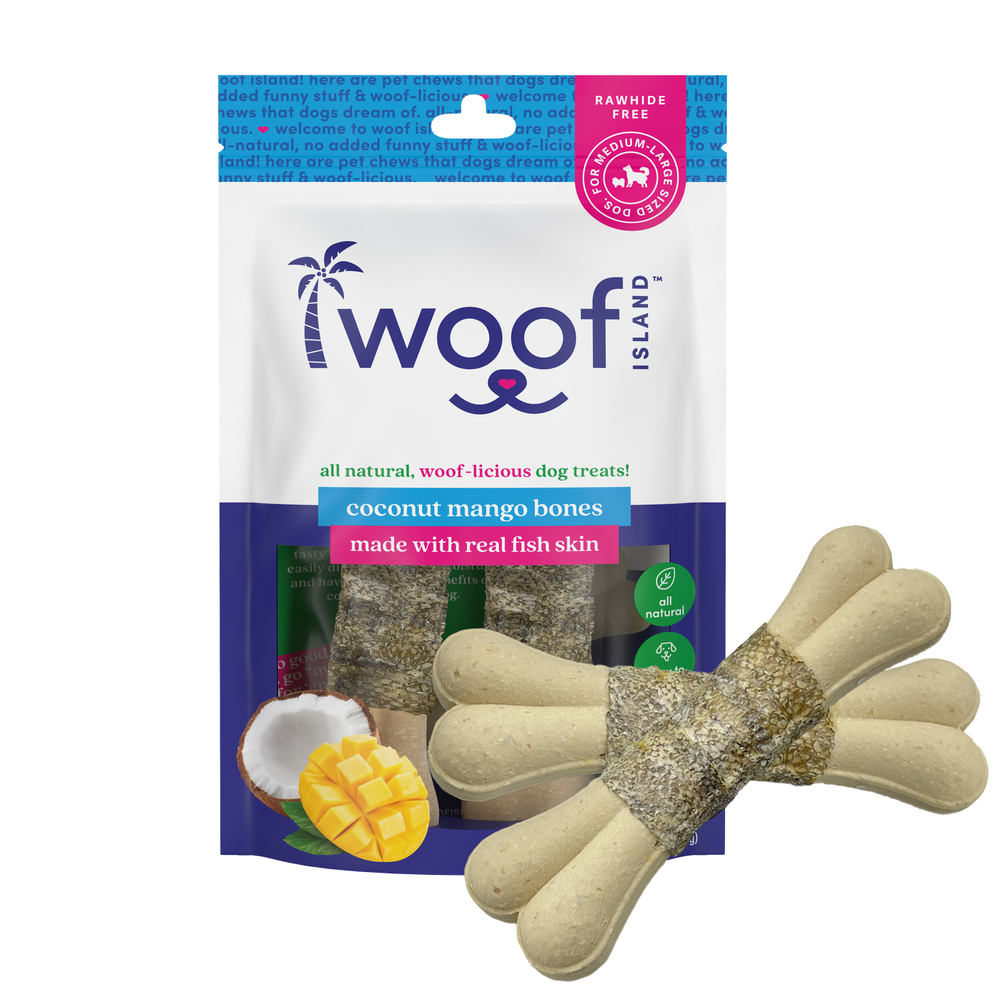 Woof Island Coconut Mango Bones with Real Fish Skin Dog Chew, Rawhide-Free & Highly Digestible Dental Treat for Dogs