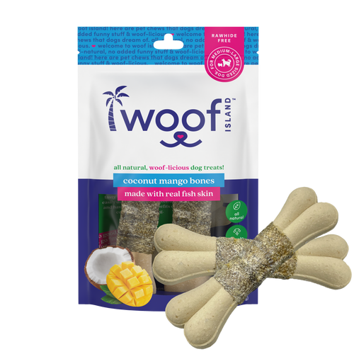 Woof Island Coconut Mango Bones with Real Fish Skin Dog Chew, Rawhide-Free & Highly Digestible Dental Treat for Dogs